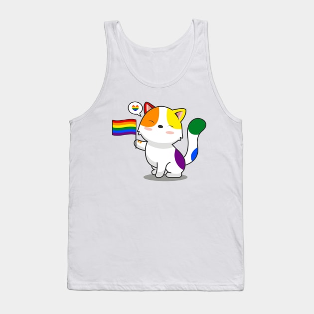 Cute Cat Holding LGBTQ+ Pride Flag Tank Top by Luna Illustration